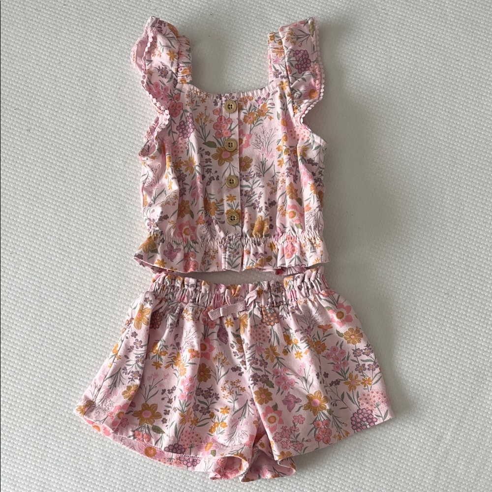 Kids Headquarters Pink Floral Ruffle Tank & Elastic Waist Shorts